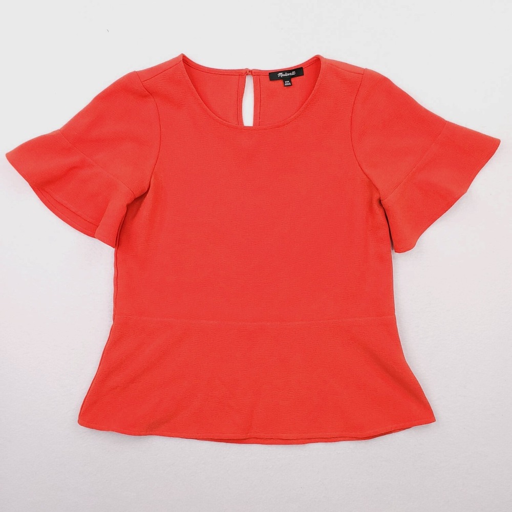 Madewell Shirt Womens XXS Orange Peplum Blouse‎ Flare Sleeve Round Neck Relaxed